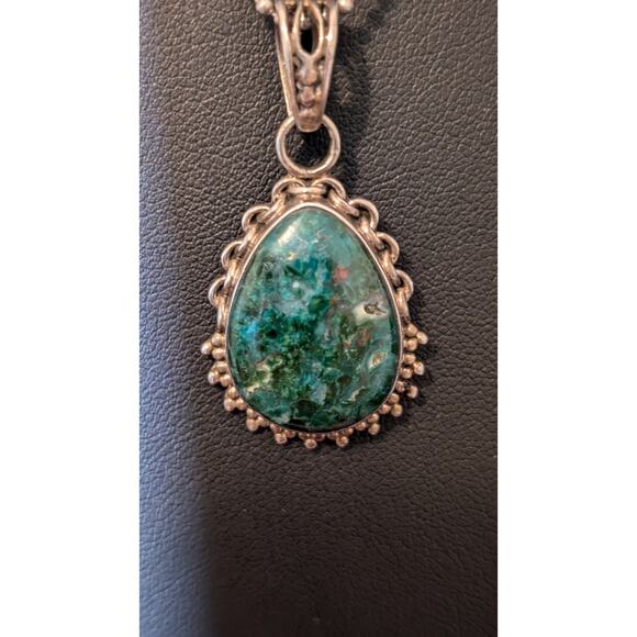 Vintage Chrysocolla 925 Sterling Silver Pendant on Bead Ball Chain Marked 925 - Picture 4 of 7